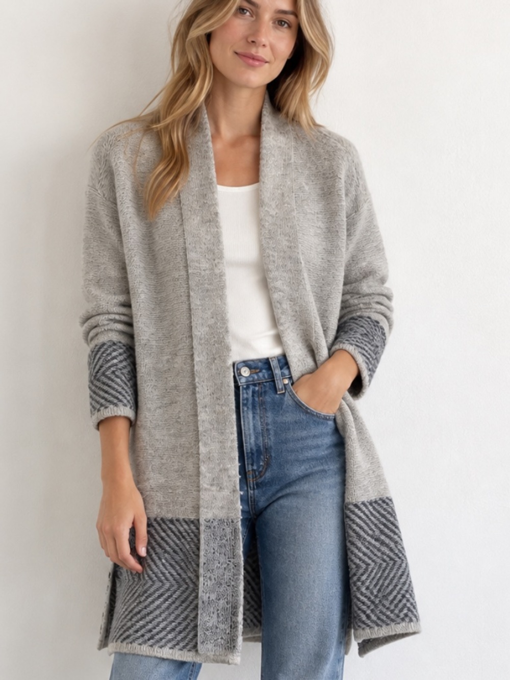 Mango Gray Navy Chevron Knit Long Cardigan Sweater XS
